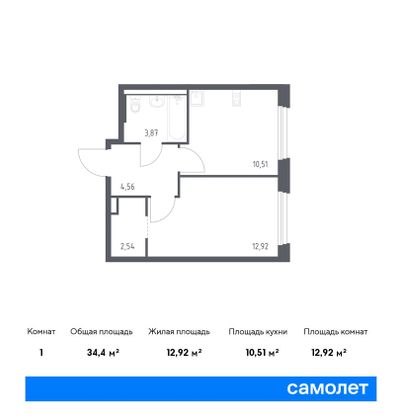 34,4 м², 1-комн. квартира, 1/9 этаж