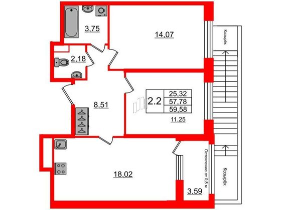 Продажа 2-комнатной квартиры 57,8 м², 1/9 этаж
