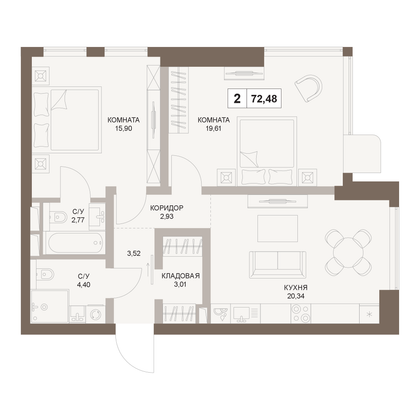 72,5 м², 2-комн. квартира, 58/75 этаж