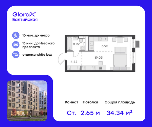 34,3 м², студия, 5/9 этаж