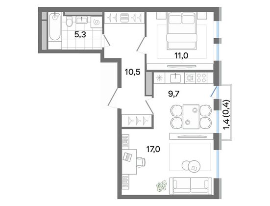 53,9 м², 2-комн. квартира, 3/4 этаж