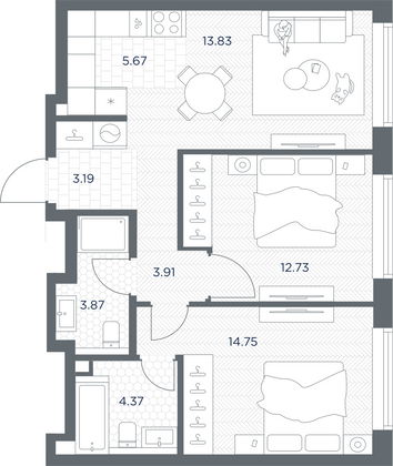 Продажа 2-комнатной квартиры 62,3 м², 25/49 этаж