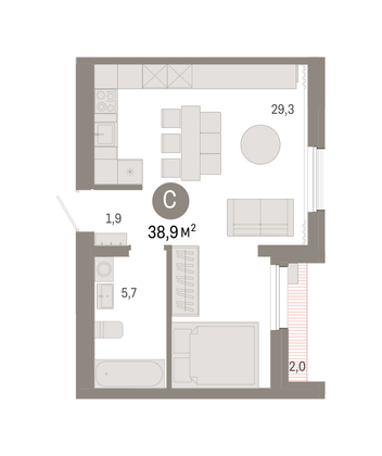 38,9 м², 1-комн. квартира, 9/9 этаж