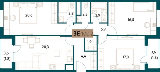 100,4 м², 4-комн. квартира, 15/15 этаж