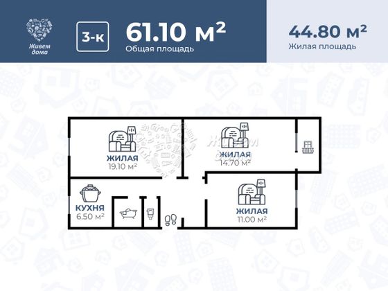 Продажа 3-комнатной квартиры 62 м², 5/5 этаж