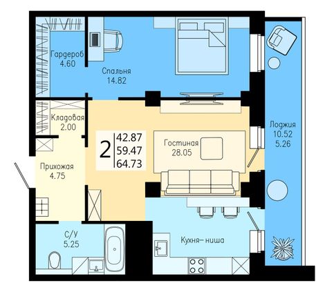 Продажа 2-комнатной квартиры 64,7 м², 19/25 этаж