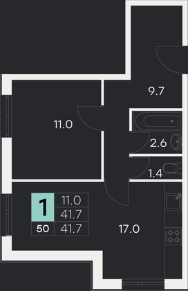 41,7 м², 1-комн. квартира, 1/9 этаж