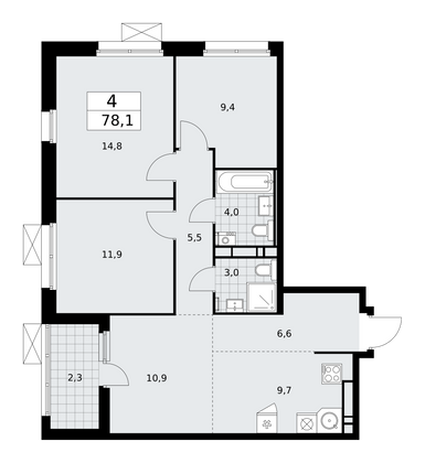 78,1 м², 4-комн. квартира, 12/17 этаж