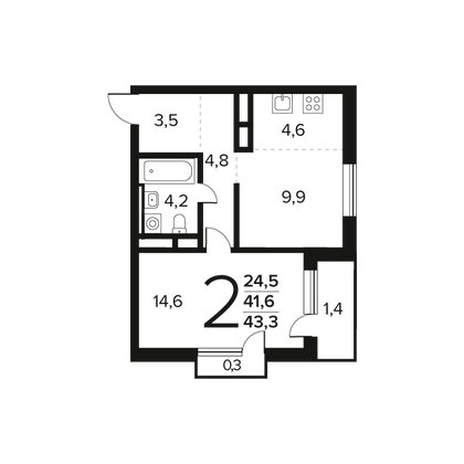 43,3 м², 2-комн. квартира, 4/14 этаж
