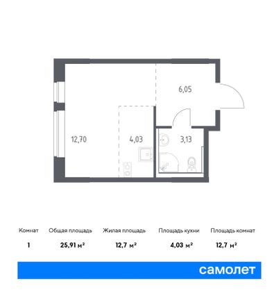 25,9 м², студия, 13/17 этаж