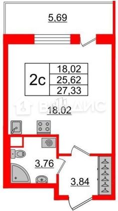 Продажа квартиры-студии 27,3 м², 2/5 этаж