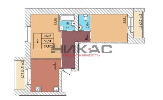 Продажа 2-комнатной квартиры 59,9 м², 2/5 этаж