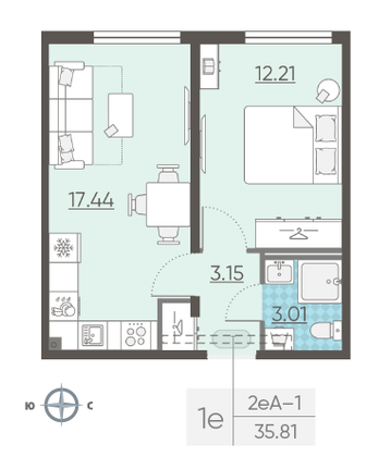 Продажа 1-комнатной квартиры 35,8 м², 6/25 этаж