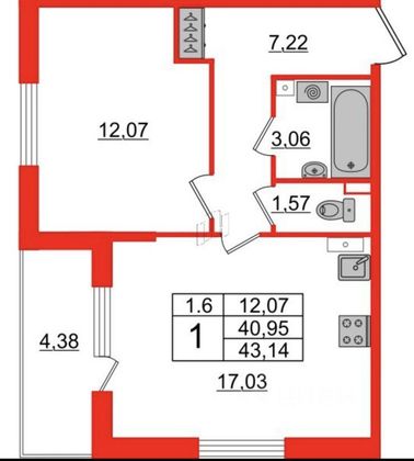 Продажа 1-комнатной квартиры 43,1 м², 3/6 этаж