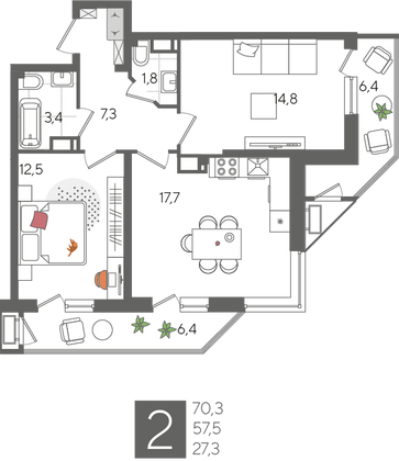 Продажа 2-комнатной квартиры 70,3 м², 14/24 этаж
