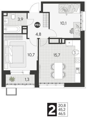 Продажа 2-комнатной квартиры 46,5 м², 15/21 этаж