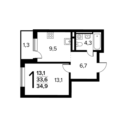 34,9 м², 1-комн. квартира, 5/14 этаж