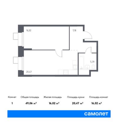 49,1 м², 1-комн. квартира, 2/23 этаж