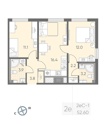 52,6 м², 2-комн. квартира, 3/25 этаж