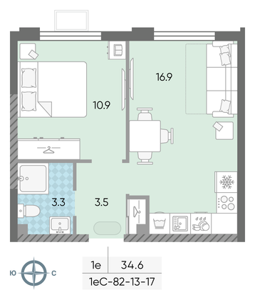 Продажа 1-комнатной квартиры 34,6 м², 17/24 этаж