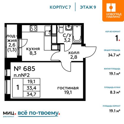 Продажа 1-комнатной квартиры 34,7 м², 9/17 этаж