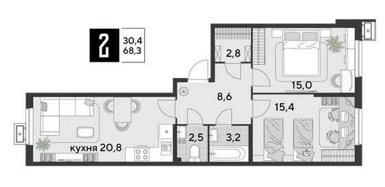Продажа 2-комнатной квартиры 68,3 м², 2/18 этаж