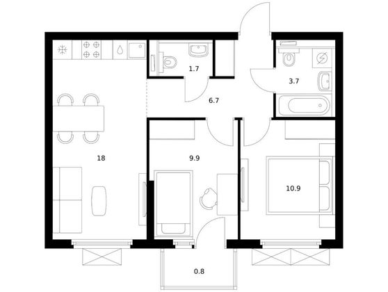 51,7 м², 2-комн. квартира, 3/15 этаж