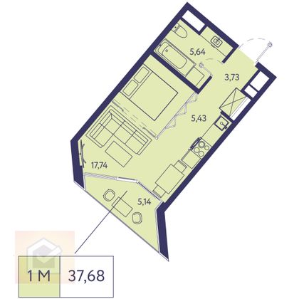 Продажа 1-комнатной квартиры 37,7 м², 2/20 этаж