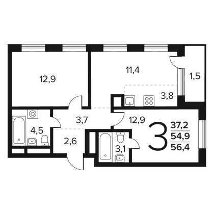 Продажа 3-комнатной квартиры 56,5 м², 4/11 этаж