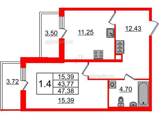 Продажа 1-комнатной квартиры 43,1 м², 1/8 этаж
