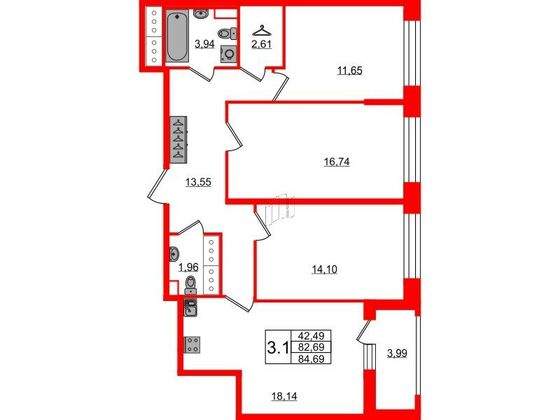 Продажа 3-комнатной квартиры 82,7 м², 20/23 этаж