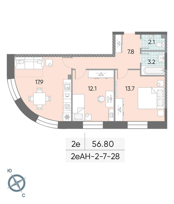 Продажа 2-комнатной квартиры 56,8 м², 21/28 этаж