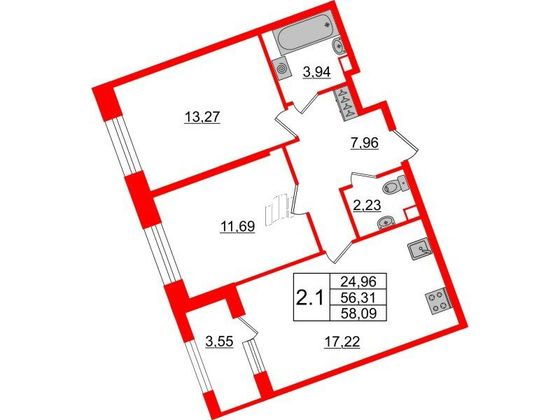 Продажа 2-комнатной квартиры 56,3 м², 2/6 этаж