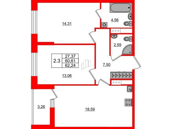 Продажа 2-комнатной квартиры 60,6 м², 3/14 этаж