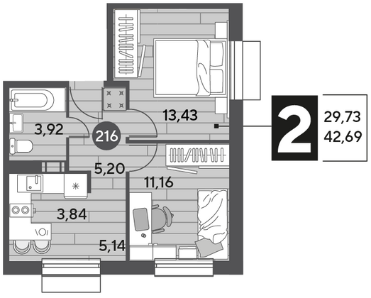 Продажа 2-комнатной квартиры 42,7 м², 6/12 этаж