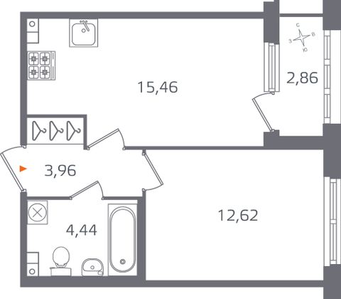 Продажа 1-комнатной квартиры 37,9 м², 2/15 этаж