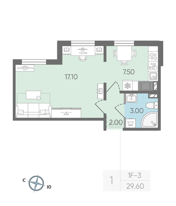 Продажа 1-комнатной квартиры 29,6 м², 3/24 этаж
