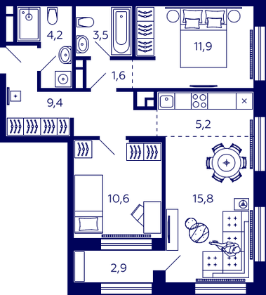 63,6 м², 2-комн. квартира, 19/32 этаж