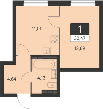 32,5 м², 1-комн. квартира, 12 этаж