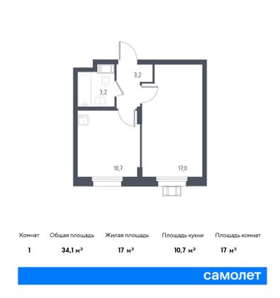 34,1 м², 1-комн. квартира, 17/17 этаж