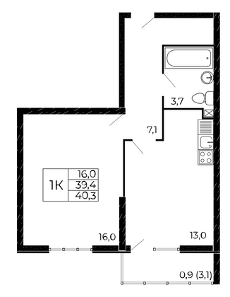 40,3 м², 1-комн. квартира, 14/19 этаж