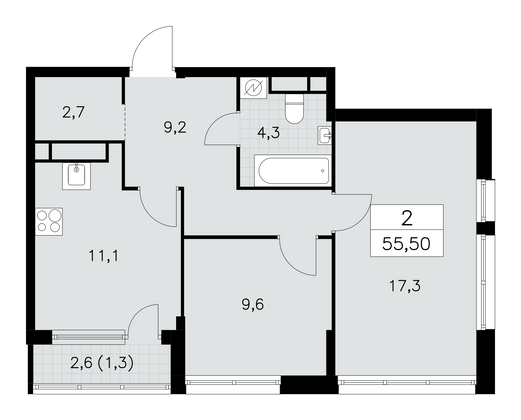 55,5 м², 2-комн. квартира, 29/30 этаж