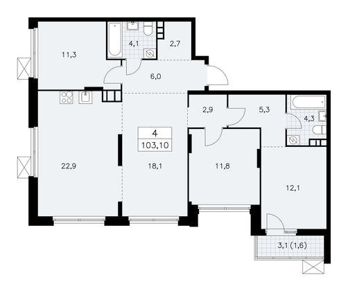 103,1 м², своб. планировка, 6/16 этаж