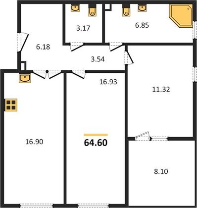 Продажа 2-комнатной квартиры 64,6 м², 6/25 этаж