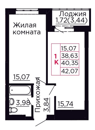 40,3 м², 1-комн. квартира, 9/9 этаж