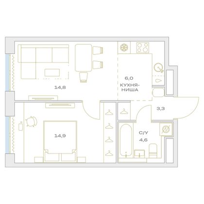 Продажа 2-комнатной квартиры 43,6 м², 8/23 этаж