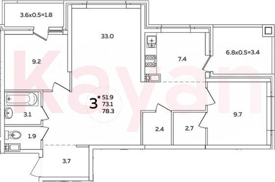 Продажа 3-комнатной квартиры 73,1 м², 24/24 этаж