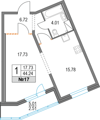 Продажа 1-комнатной квартиры 44,2 м², 4/19 этаж