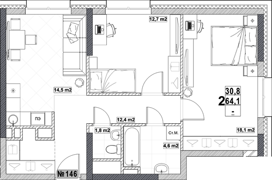 Продажа 2-комнатной квартиры 64,1 м², 2/24 этаж