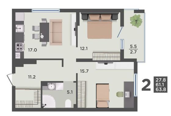 63,8 м², 2-комн. квартира, 5/9 этаж